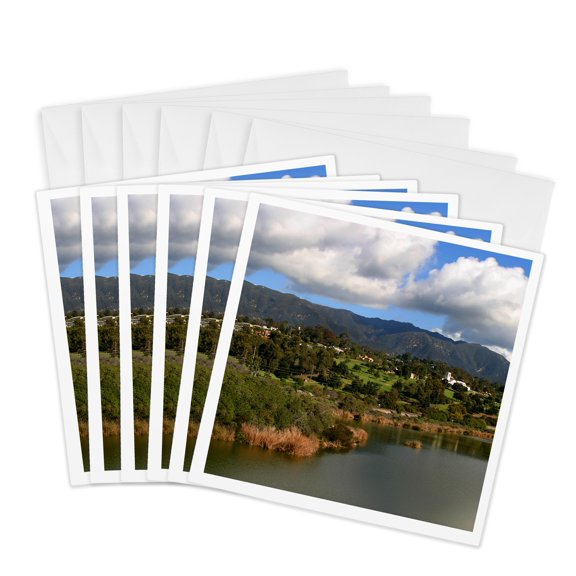 3drose, Santa Barbara Mountains by Montecito - Lake, Green, Landscape, Nature, Scenic, California, 6 Greeting Cards with Envelopes