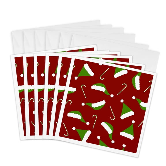 3drose, Santa Hat and Candy Cane Print on Red, 6 Greeting Cards with Envelopes