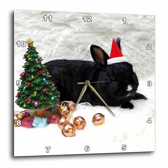 3drose, Santa Hat on Black Rabbit, Small Christmas Tree and Presents Image, 15x15 Wall Clock
