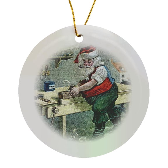 3drose, Santa Using Table Saw Making Special Toy in His Workshop, Circle Porcelain Ornament