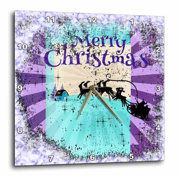 3drose, Santa and Reindeer Pulling Sleigh, Snowflakes, Abstract, Purple, Aqua, 10x10 Wall Clock