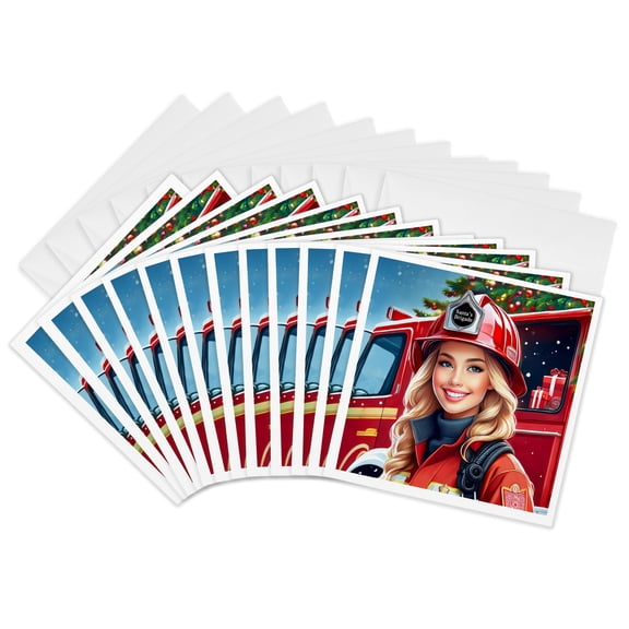 3drose, Santas Brigade Female Firefighter and Christmas Fire Truck, 12 Greeting Cards with Envelopes