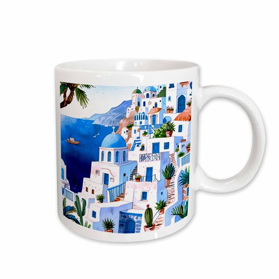3drose, Santorini by the Sea Greek Island Greece Blue White Watercolor Art, 11oz Mug