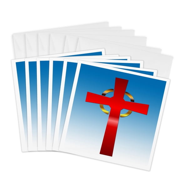 3drose, Scarlet and Gold Celtic Cross on a Blue Gradient Background, 6 Greeting Cards with Envelopes