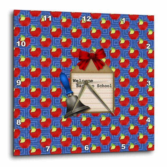 3drose, School Bell, Welcome Back to School, Bow, Apple and Square Design, 13x13 Wall Clock