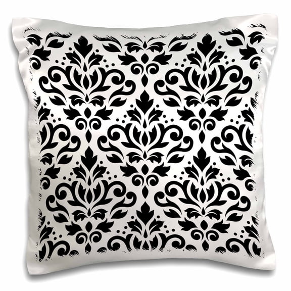 3drose, Scroll Damask Pattern in Black on White., 16x16 inch Pillow Case