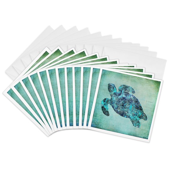3drose, Sea Turtle Mixed Media Illustration, 12 Greeting Cards with Envelopes