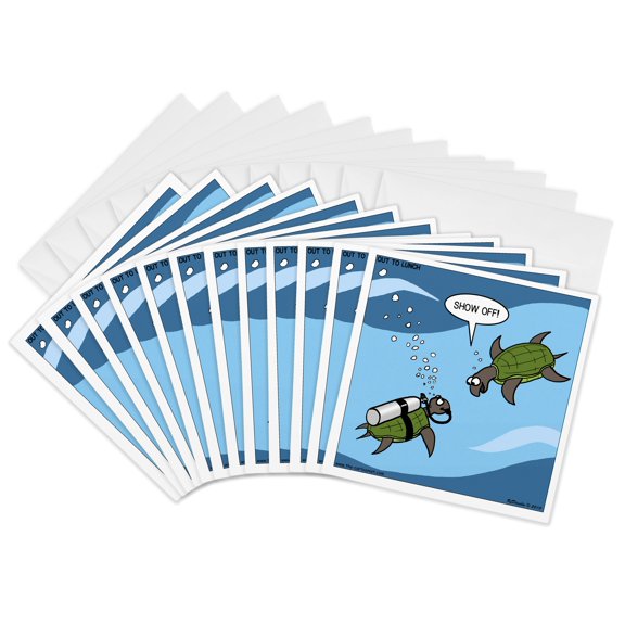 3drose, Sea Turtle Scuba Showing Off Underwater, 12 Greeting Cards with Envelopes