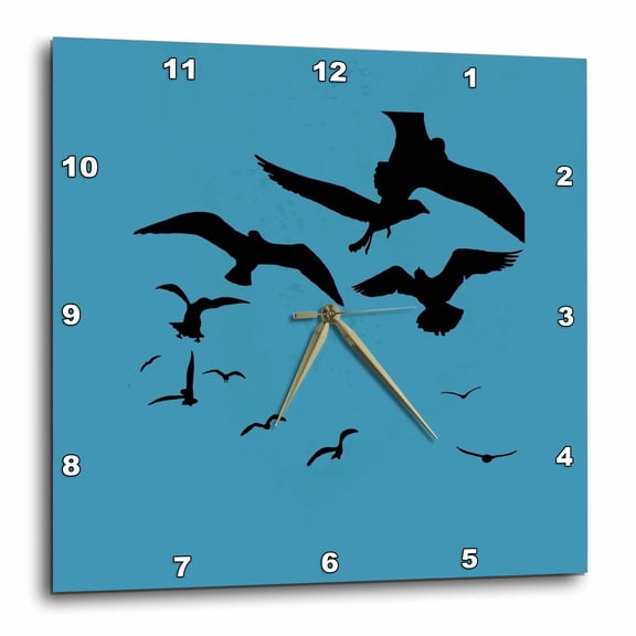 3drose, Seagull Bird Flock Scavenging Black Silhouette, 10x10 Wall Clock