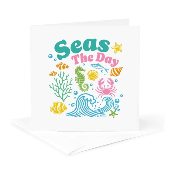 3drose, Seas the Day Funny Text, Colorful Sea Animals, Ocean Waves, Gift, 1 Greeting Card with Envelope