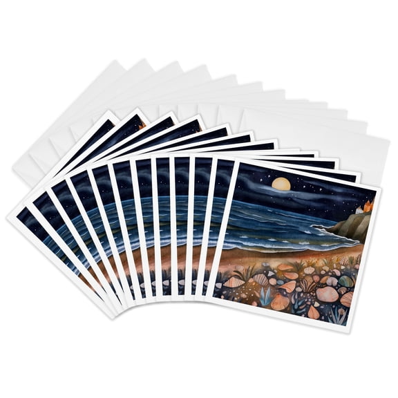 3drose, Seashell Beach Night Scene Background, 12 Greeting Cards with Envelopes