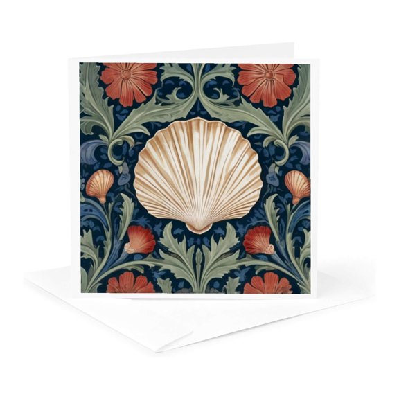 3drose, Seashell William Morris Style Nautical Sea Shell Ocean Blue Green Red, 1 Greeting Card with Envelope