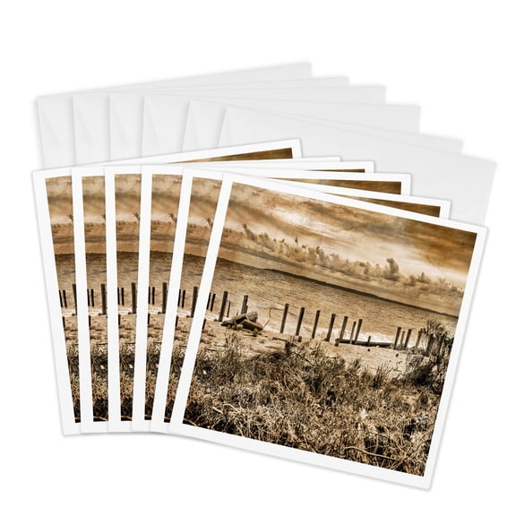 3drose, Sepia Beach Scene, Clouds, Water, Sand, 6 Greeting Cards with Envelopes