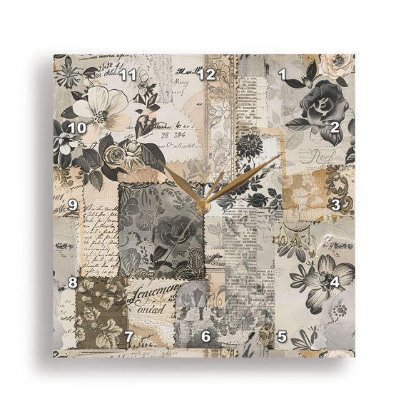 3drose, Sepia Vintage Paper Collage Pattern, 13x13 Wall Clock