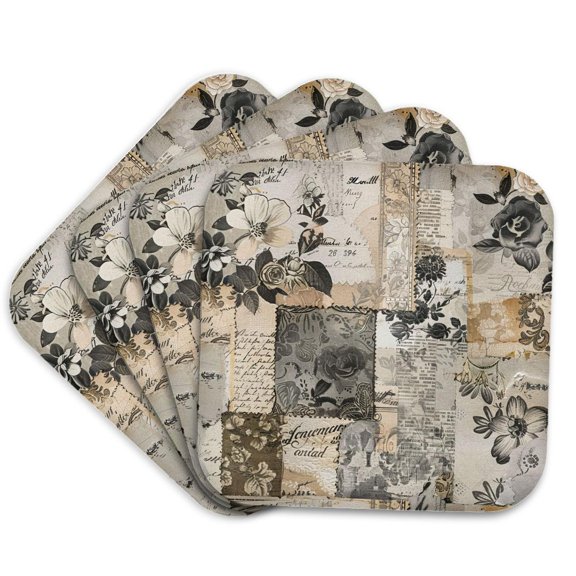 3drose, Sepia Vintage Paper Collage Pattern, Set of 4 Coasters - Soft