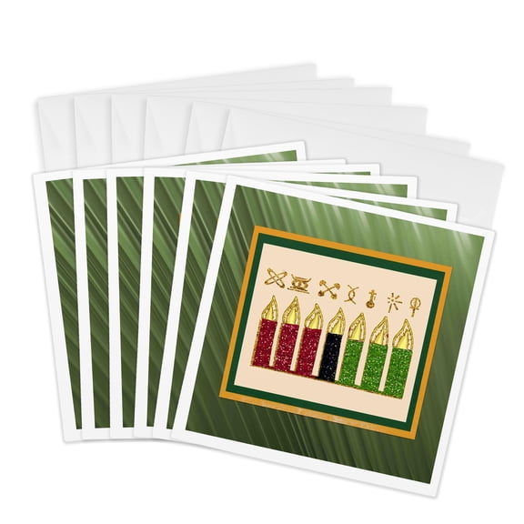 3drose, Seven Candles and Signs of Kwanzaa, Red, Green, Gold, Black, 6 Greeting Cards with Envelopes
