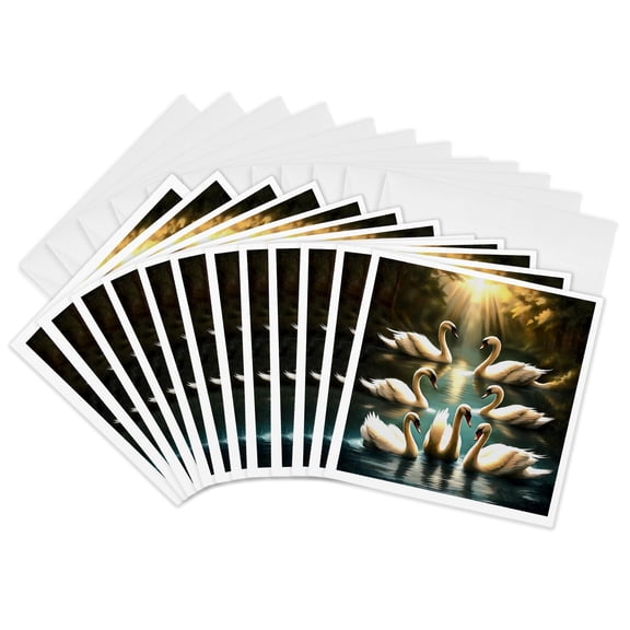 3drose, Seven Swans Swimming, 12 Greeting Cards with Envelopes