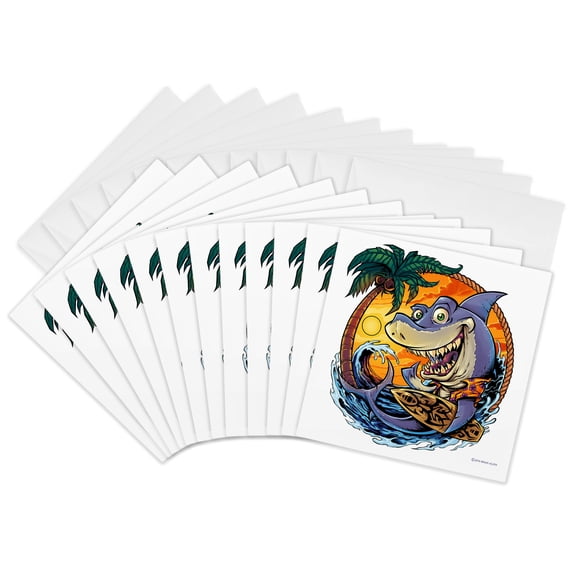 3drose, Shark with a Surfboard Next to a Palm Tree at Sunset, 12 Greeting Cards with Envelopes