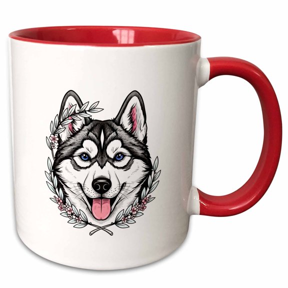 3drose, Siberian Husky Dog and Mountain Laurel Blossom, 11oz Two-tone Red Mug