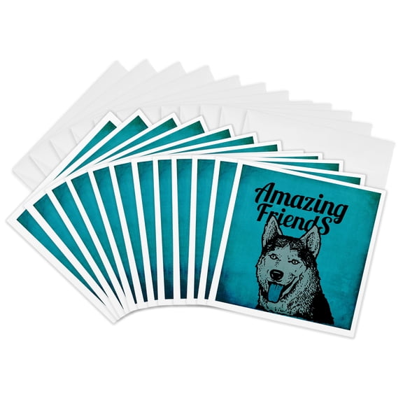 3drose, Siberian Husky Illustration in Blue Colors and Text Amazing Friends, 12 Greeting Cards with Envelopes