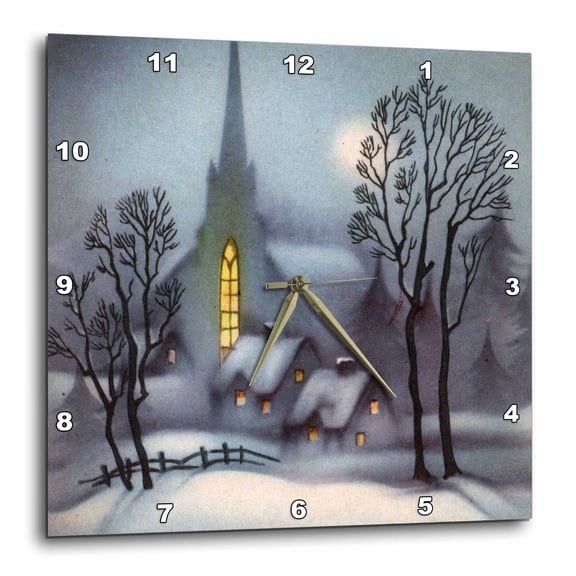 3drose, Silent Snowy Evening at the Church, 13x13 Wall Clock