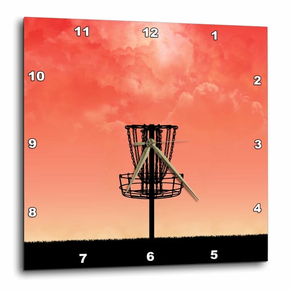 3drose, Silhouette of Disc Golf Basket with Orange Colored Sky and Clouds, 15x15 Wall Clock