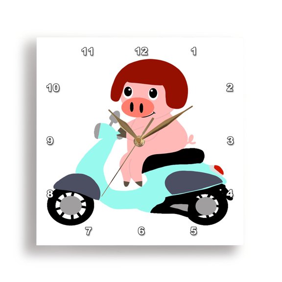 3drose, Silly Fun Unique Pink Pig Riding a Motor Scooter Cartoon, 13x13 Wall Clock