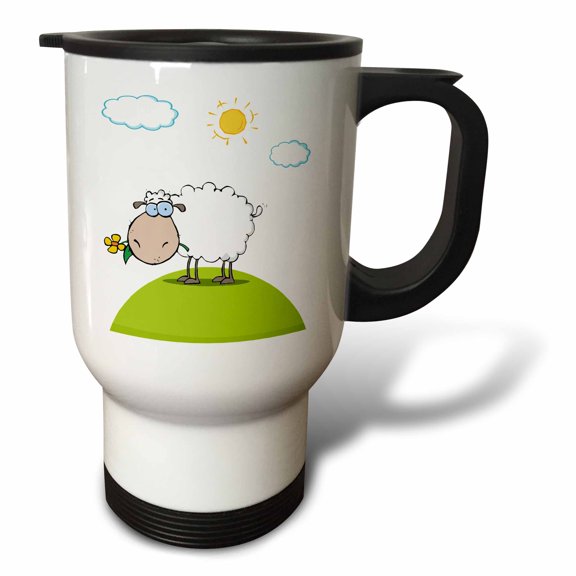 3drose, Silly Sheep on a Hill with a Flower Funny Animal Cartoon, 14oz Stainless Steel Travel Mug