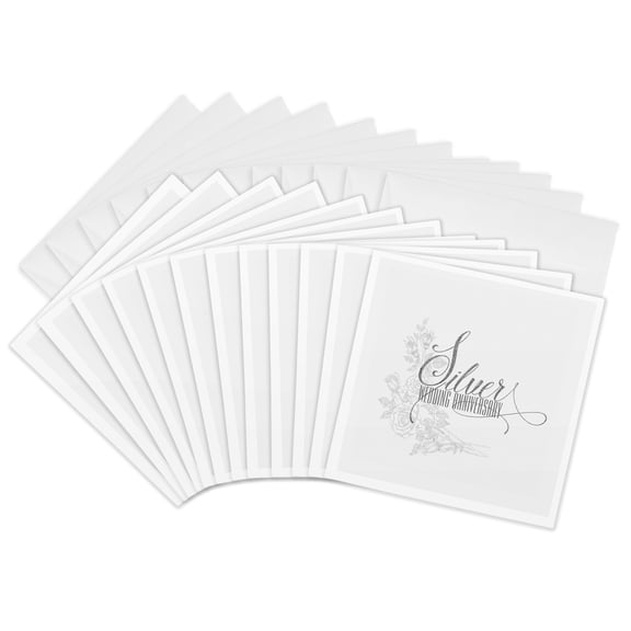 3drose, Silver Wedding Anniversary Faux Glitter Typography and Roses on White, 12 Greeting Cards with Envelopes