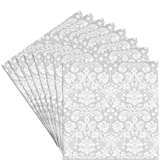 3drose, Silver and White Damask Pattern - Grey Gray - Fancy French Floral Swirls - Stylish Classy Elegant, Set of 8 Ceramic Tile Coasters