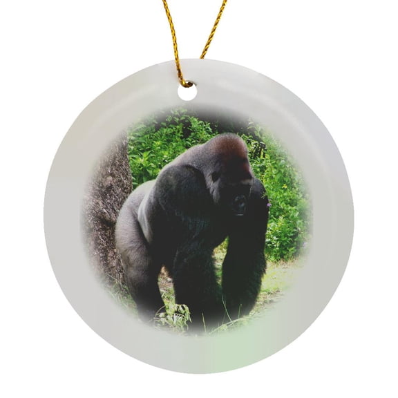 3drose, Silverback Gorilla Walking Head down in Green Foliage Photograph, Circle Porcelain Ornament