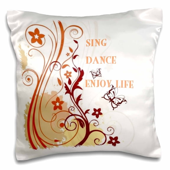 3drose, Sing Dance Enjoy Life Red N Gold Floral Scroll, 16x16 inch Pillow Case