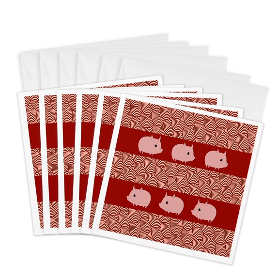 3drose, Six Pink Pigs on Red, Circle Pattern Design, 6 Greeting Cards with Envelopes