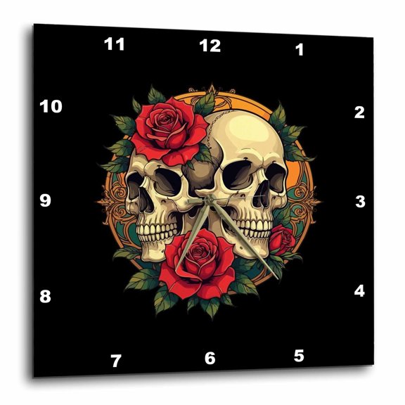 3drose, Skull Faces with Red Roses, 15x15 Wall Clock