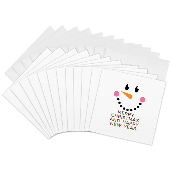 3drose, Smiling Snowman Face. Stylish Text Merry Christmas and Happy New Year, 12 Greeting Cards with Envelopes