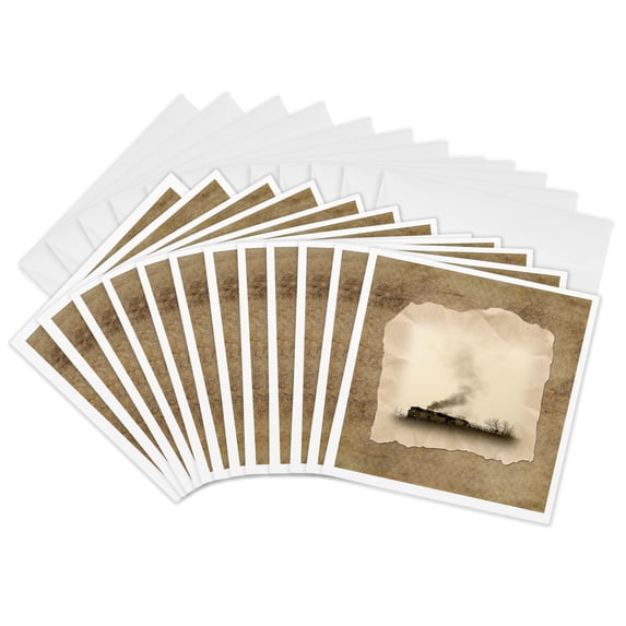 3drose, Smoking Train on Aged Paper Look, Sepia, 12 Greeting Cards with Envelopes