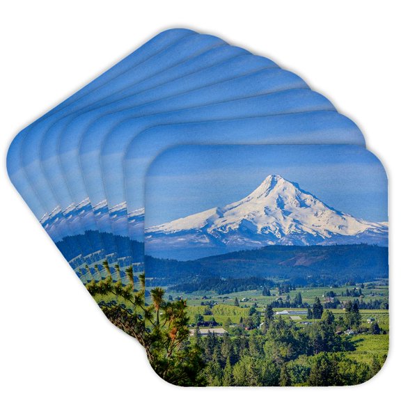 3drose, Snow Capped Mount Hood Dominates over the Green Valley, Oregon, Set of 8 Coasters - Cork
