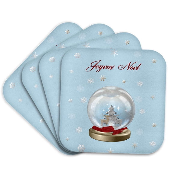 3drose, Snow Globe Deer, Tree and Snowflakes, Merry Christmas in French, Set of 4 Coasters - Cork