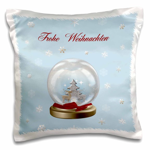 3drose, Snow Globe Deer, Tree and Snowflakes, Merry Christmas in German, 16x16 inch Pillow Case