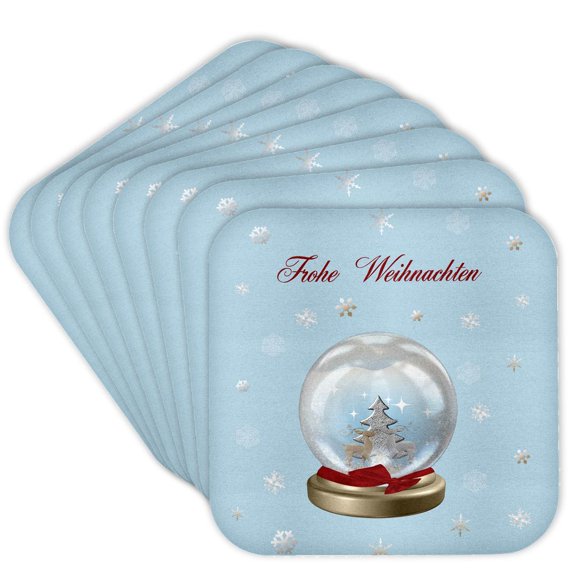 3drose, Snow Globe Deer, Tree and Snowflakes, Merry Christmas in German, Set of 8 Coasters - Soft