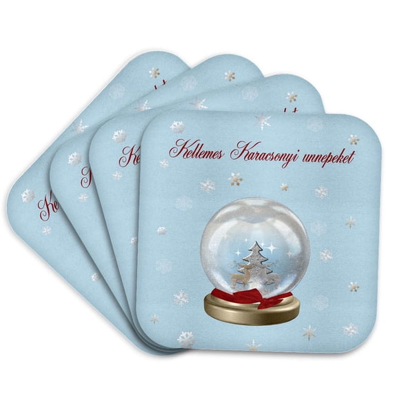 3drose, Snow Globe Deer, Tree and Snowflakes, Merry Christmas in Hungarian, Set of 4 Coasters - Soft