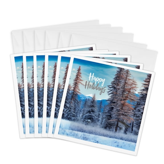 3drose, Snow-covered Forest in Winter. Blue Sky. White Text Happy Holidays, 6 Greeting Cards with Envelopes