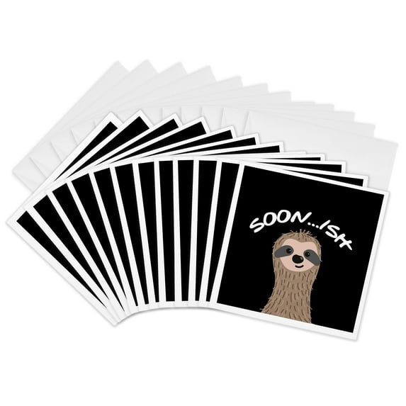 3drose, Soon…ish with Adorable Sloth. White Lettering on Black Background., 12 Greeting Cards with Envelopes