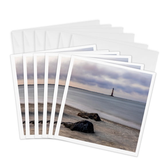 3drose, South Carolina, Charleston. Folly Beach and Morris Island Lighthouse, 6 Greeting Cards with Envelopes