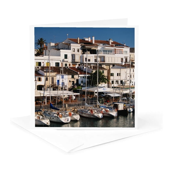 3drose, Spain, Balearic Islands, Menorca. Harbor and City., 1 Greeting Card with Envelope