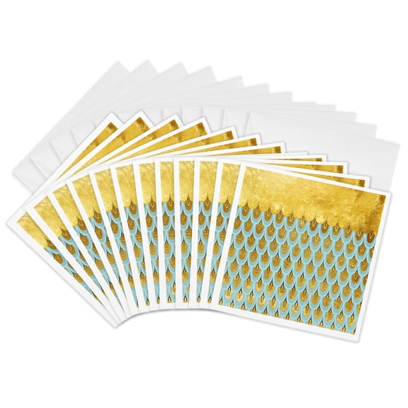3drose, Sparkling Mint Luxury Elegant Girly Trendy Mermaid Scales Glitter, 12 Greeting Cards with Envelopes