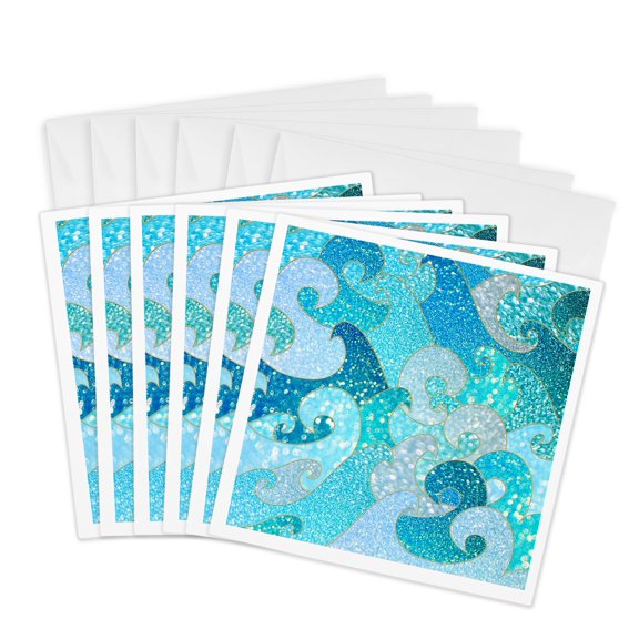 3drose, Sparkling Teal Glitter Crystal Waves Pattern, 6 Greeting Cards with Envelopes
