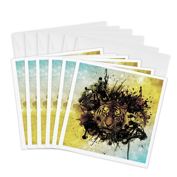 3drose, Splashing Tigers with Colorful Background, 6 Greeting Cards with Envelopes