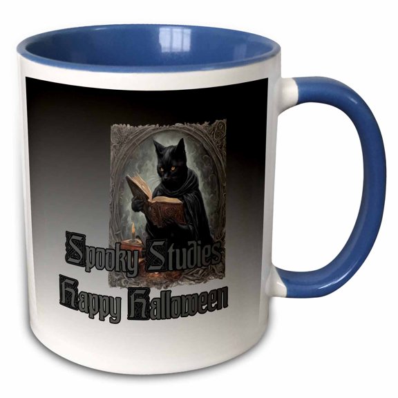 3drose, Spooky Studies Happy Halloween Black Cat Studying Halloween Spells, 11oz Two-tone Blue Mug