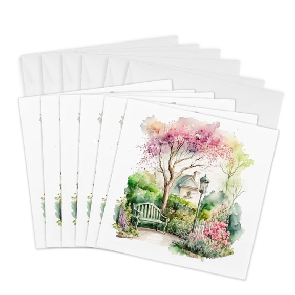 3drose, Spring Scene in a Park with a Bench, 6 Greeting Cards with Envelopes